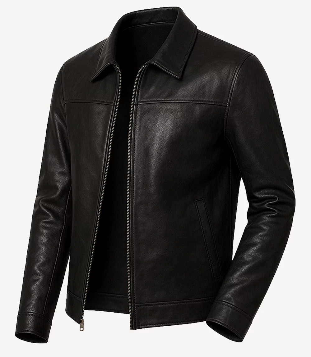 Men’s Black Harrington Lambskin Leather Jacket | Shirt-Style Collar