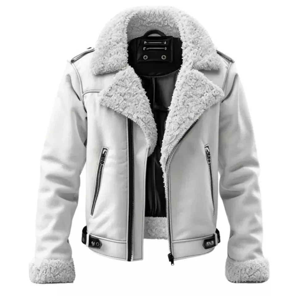 Men’s B3 Flying Aviator Jacket – White Genuine Sheepskin Leather Fur Bomber Coat